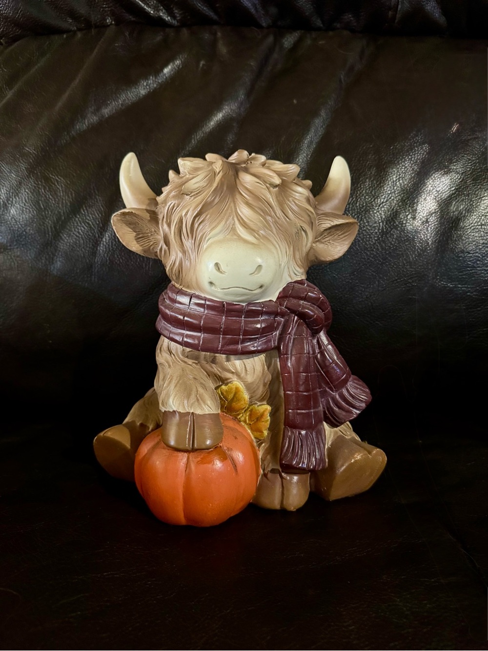 Highland Cow Figurine with Pumpkin and Scarf - Brown